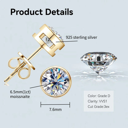 Anziw Bezel 5mm 6.5mm 1CT D Color Moissanite Earrings 925 Sterling Silver Plated K Gold Earrings for Men Women Gift Valentine's