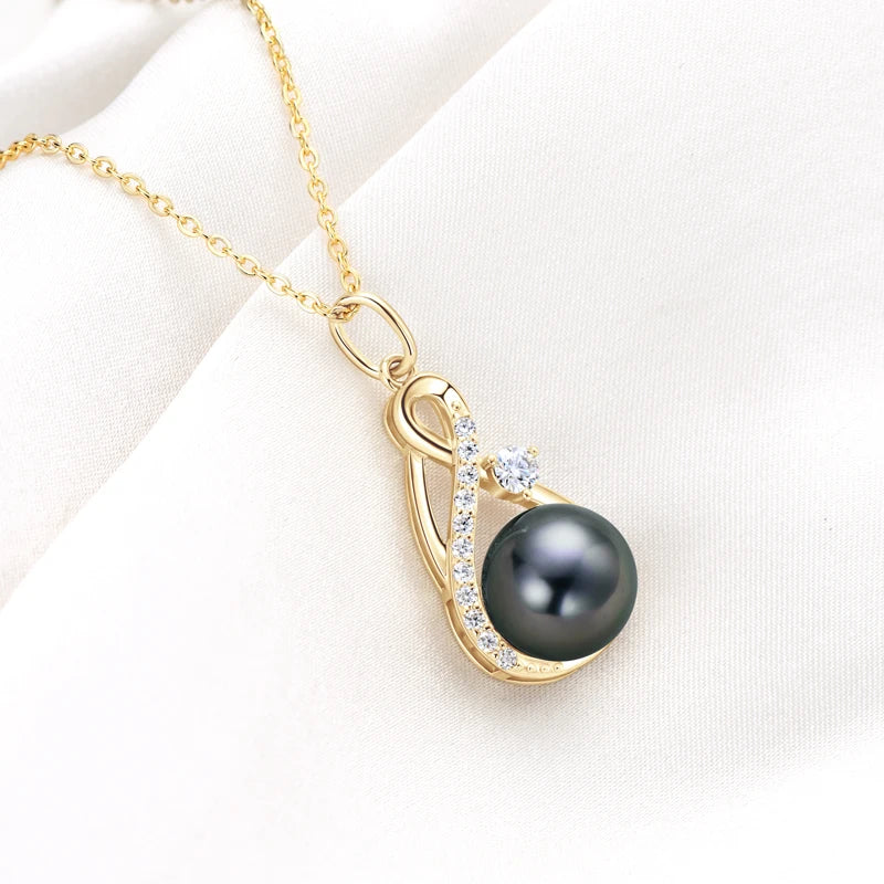 Anziw 10mm Freshwater/Tahitian Black Pearl Moissanite Infinity Pendant Necklace Silver 925 Wedding Jewelry for Women Gift 45+5cm