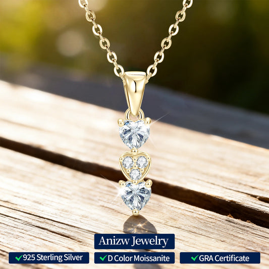 Anziw Triple Hearts Moissanite Pendant Necklaces for Women 925 Silver Chain Love Heart Collar 2025 New Jewelry Chritsmas's Gift