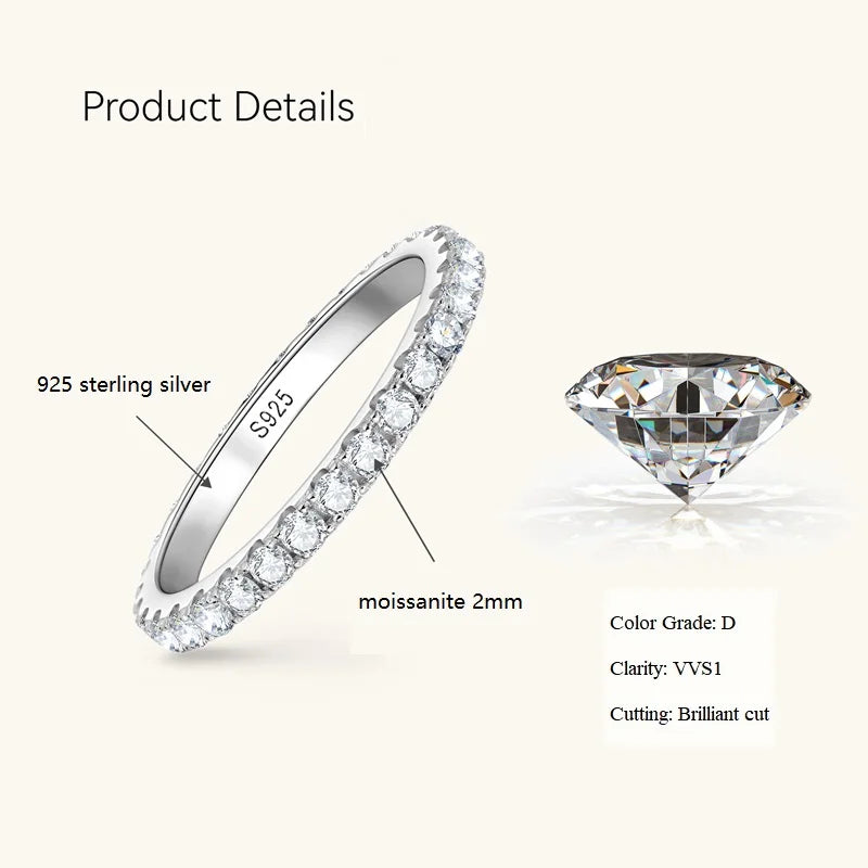 Classic 925 Sterling Silver Full Eternity Ring 2mm D Moissanite Rings Stackable Finger Bands for Women 18k Gold Plated Jewelry
