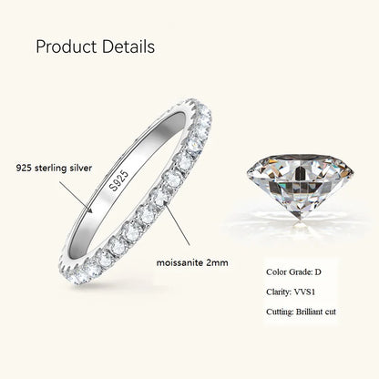 Classic 925 Sterling Silver Full Eternity Ring 2mm D Moissanite Rings Stackable Finger Bands for Women 18k Gold Plated Jewelry