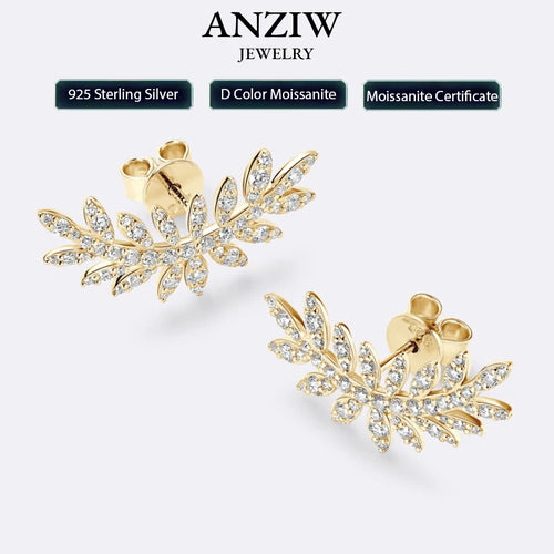 Leaf-Shaped Stud Earrings Climber 925 Sterling Silver D Color Moissanite Earrings for Women Wedding Party Jewelry Valentine Gift