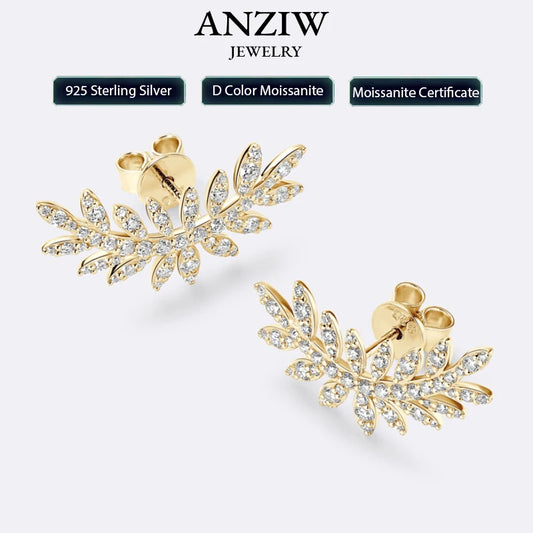 Leaf-Shaped Stud Earrings Climber 925 Sterling Silver D Color Moissanite Earrings for Women Wedding Party Jewelry Valentine Gift
