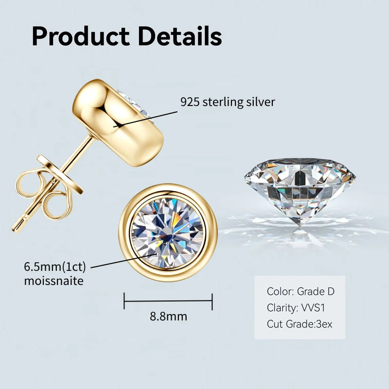 Anziw Bezel 5mm 6.5mm 1CT D Color Moissanite Earrings 925 Sterling Silver Plated K Gold Earrings for Men Women Gift Valentine's