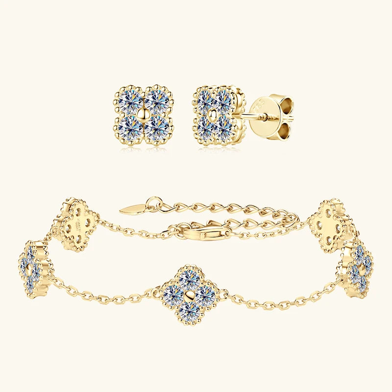 Anziw 3mm D Moissanite Jewelry Set Clover Flower Pendant Necklace Earrings Bracelet 3 in 1 Sets for Women 925 Silver Charm Gifts