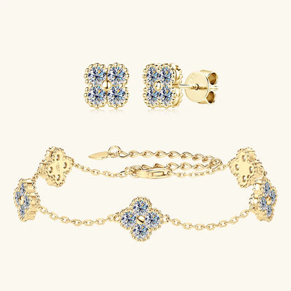 Anziw 3mm D Moissanite Jewelry Set Clover Flower Pendant Necklace Earrings Bracelet 3 in 1 Sets for Women 925 Silver Charm Gifts