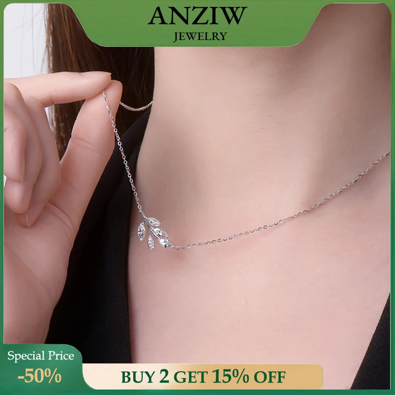 Anziw D0.90CT Marquise Cut Moissanite Leaf Pendant Necklace for Women Adjustable Chain 925 Sterling Silver Lab Diamond 40+5cm