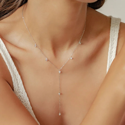 Anziw 3mm Moissanite Y Chain Necklace 925 Sterling Silver Gold Plated Long Tassel Pendant for Women 2024 Trendy Valentine Gift
