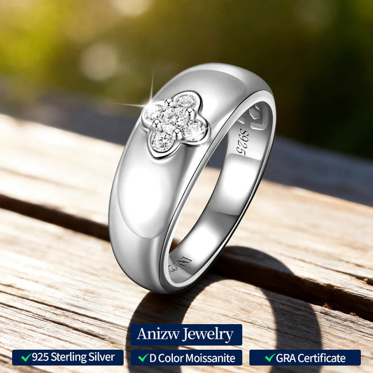 Anziw Trendy 925 Chunky Wide Ring Moissanite Clover Flower Finger Bands Thick Rings for Women S925 Silver Cute Jewelry Certified