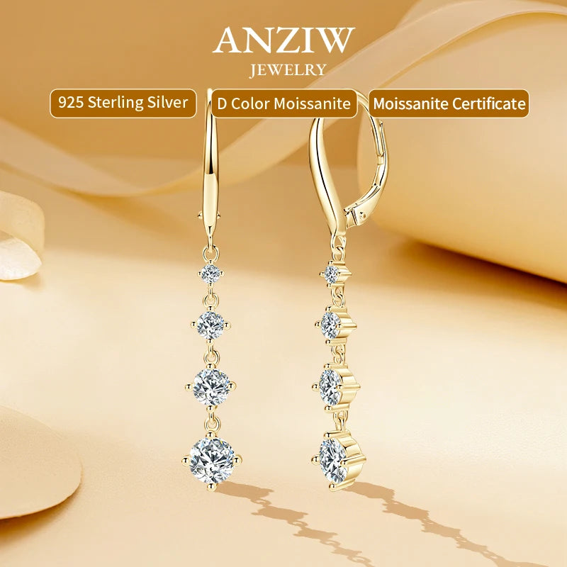 Anziw 42mm Long Dangle D Moissanite Drop Earrings for Women 925 Sterling Silver Hoop Clip Earrings Wedding Fine Jewelry Gift