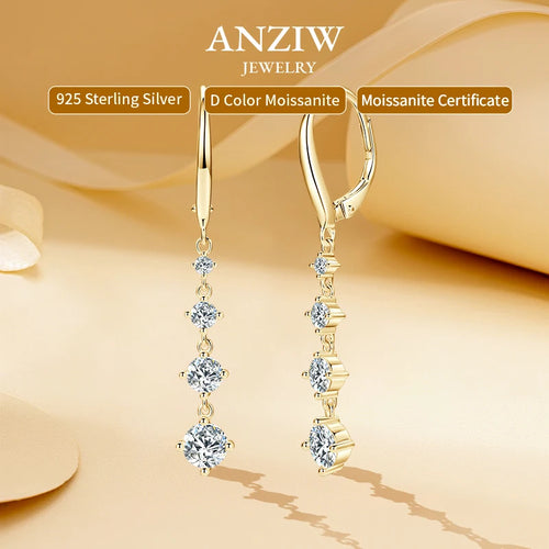Anziw 42mm Long Dangle D Moissanite Drop Earrings for Women 925 Sterling Silver Hoop Clip Earrings Wedding Fine Jewelry Gift