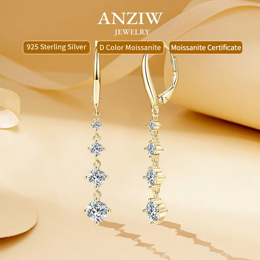 Anziw 42mm Long Dangle D Moissanite Drop Earrings for Women 925 Sterling Silver Hoop Clip Earrings Wedding Fine Jewelry Gift