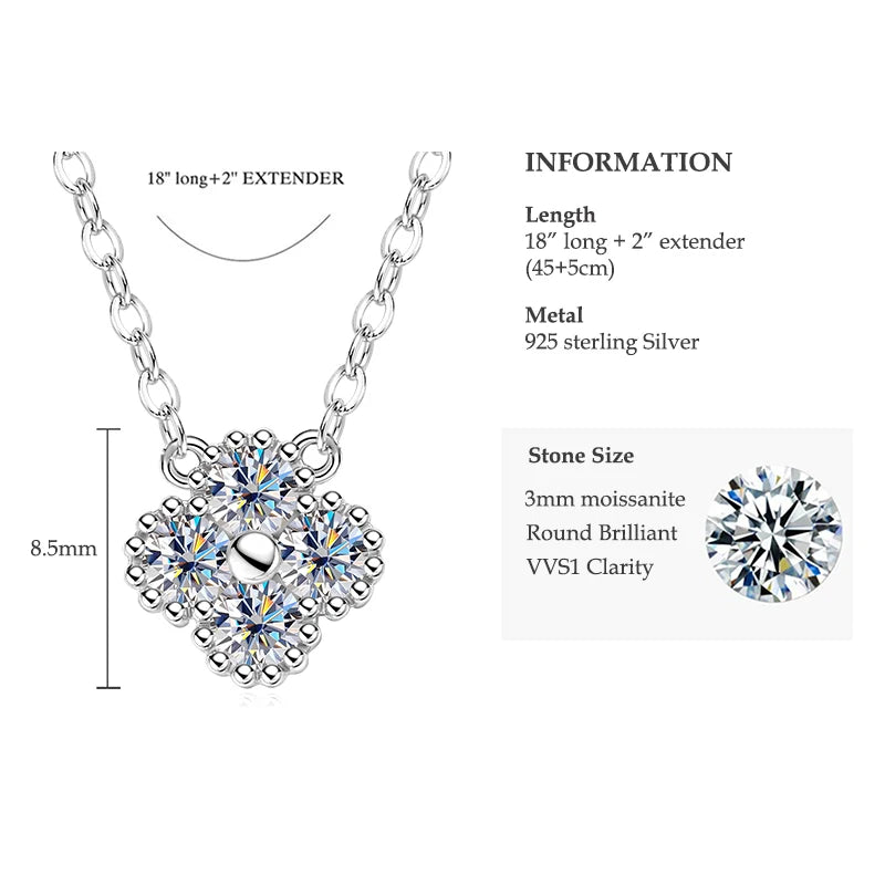 Lucky 3mm 0.1ct Moissanite Clover Flower Pendant Necklace for Women 100% Silver S925 Adjustable Chain Cute Charm Jewelry Gifts