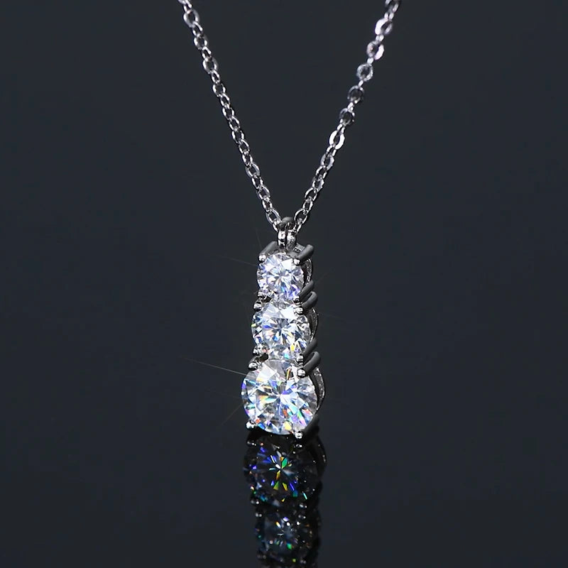Anziw 925 Silver Necklace 1.80CTW.3 Stones D Color Round Moissanite Pendant Necklace for Women Certified Jewelry 18K Gold Plated