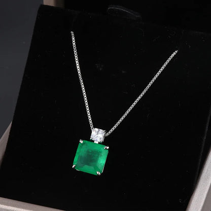 Vintage Simulated Emerald Square Stud Earrings 10*10mm Gemstone Pendant Necklace Silver 925 Plated Copper Women's  Jewelry Gift