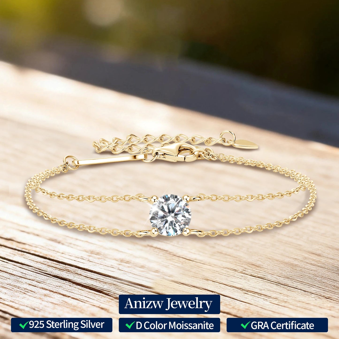 Anziw S925 1ct 6.5mm D Round Moissanite Bracelet for Women Classic Double Chain 925 Silver Bracelet Adjustable Hand Jewelry Gift