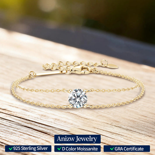 Anziw S925 1ct 6.5mm D Round Moissanite Bracelet for Women Classic Double Chain 925 Silver Bracelet Adjustable Hand Jewelry Gift