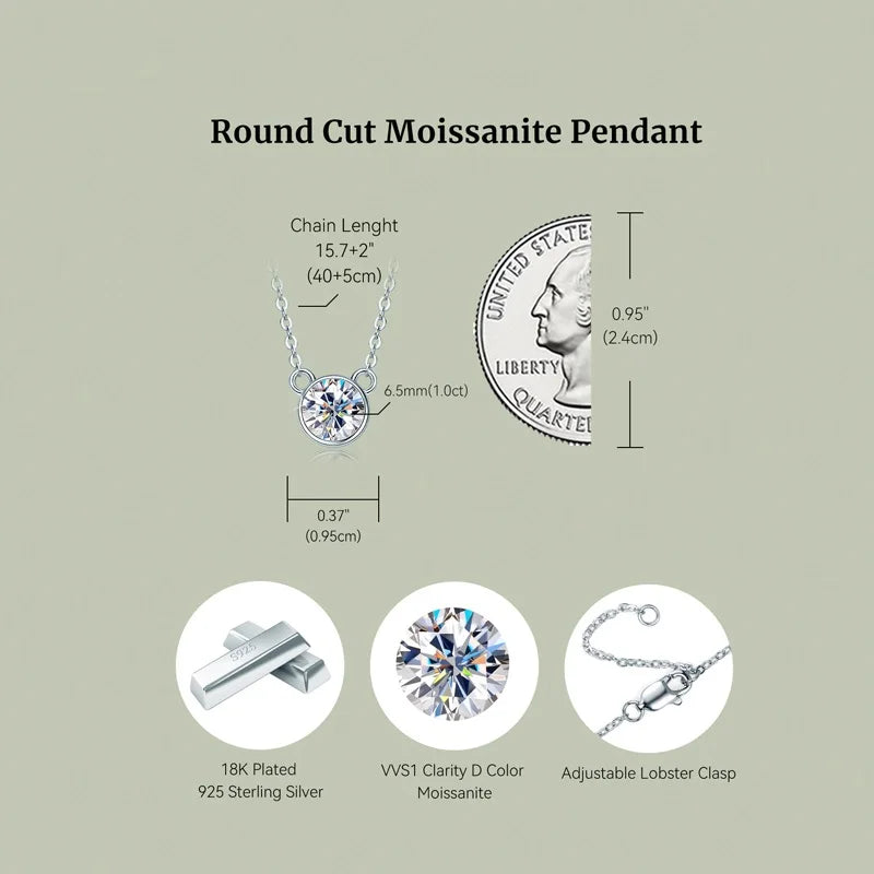 Real S925 Silver 6.5mm 1.0CT D Color Round Moissanite Cat Pendant Necklace for Women Girls Jewelry Birthday Gifts Valentine Day