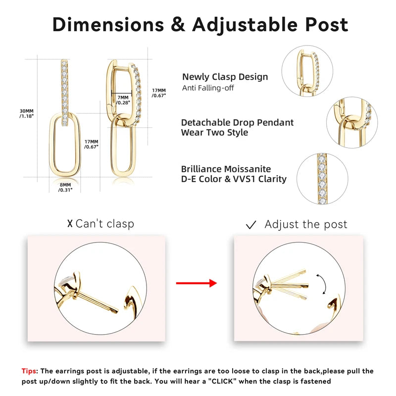 Anziw Paperclip Drop Link Earrings Detachable Hoops for Women Silver 925 Moissanite Huggie Earring Piercing Wedding Jewelry Gift