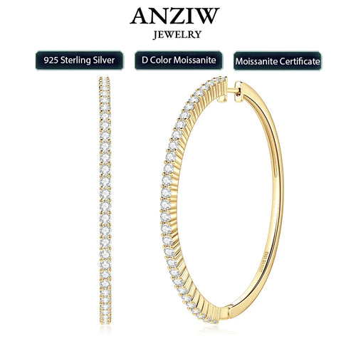 Anziw 2mm Moissanite Hoop Earrings for Women 925 Silver 40mm Large Big Hoops Piercing Earrings Fashion Fine Jewelry Party Gifts