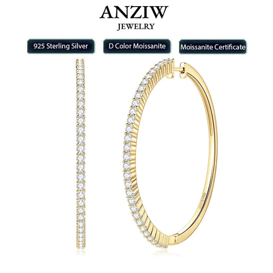 Anziw 2mm Moissanite Hoop Earrings for Women 925 Silver 40mm Large Big Hoops Piercing Earrings Fashion Fine Jewelry Party Gifts