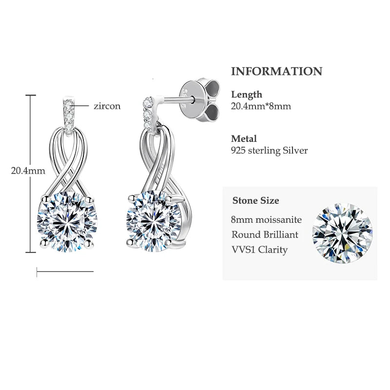 Anziw Real 925 Silver 4CTTW D VVS1 Moissanite Drop Earrings for Women Infinite Studs Earring GRA Certified Wedding Jewelry Gifts