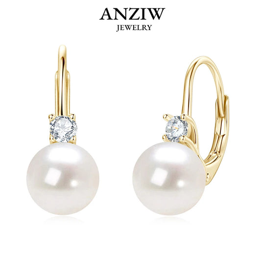 Anziw 925 Sterling Silver 8-9mm Natural Freshwater Pearl and 3mm Moissanite Hoop Drop Earrings Wedding Fine Jewelry for Women