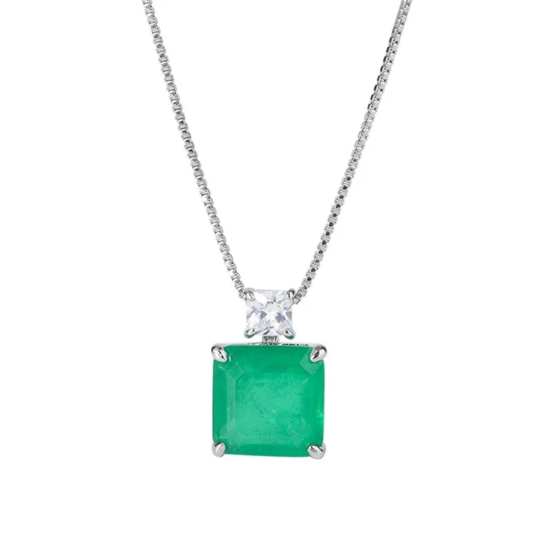 Vintage Simulated Emerald Square Stud Earrings 10*10mm Gemstone Pendant Necklace Silver 925 Plated Copper Women's  Jewelry Gift