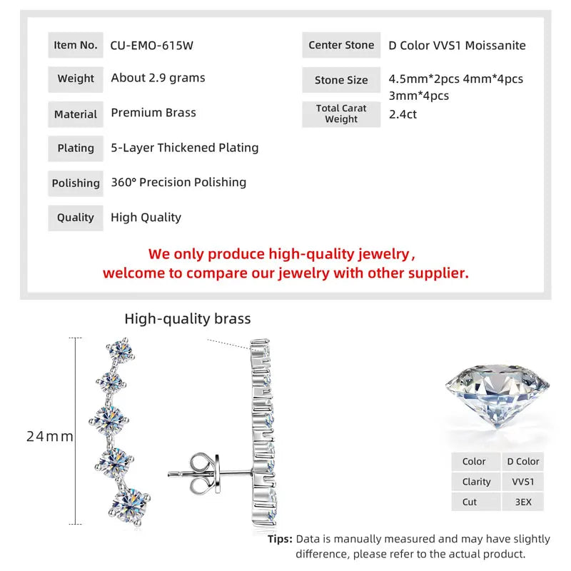 Anziw Real D Color 2.4CTTW. 4.5mm&4mm&3mm Moissanite Diamond Earrings Sparkling Smile Stud Earrings for Women Jewelry Party Gift