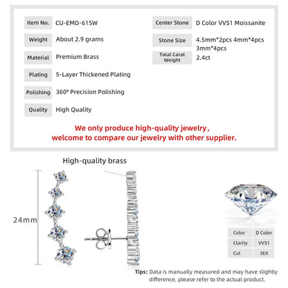 Anziw Real D Color 2.4CTTW. 4.5mm&4mm&3mm Moissanite Diamond Earrings Sparkling Smile Stud Earrings for Women Jewelry Party Gift