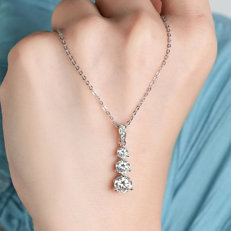 925 Silver D1.85CT Moissanite Necklace Certified Gradual Three Stone Pendant Collar Wedding Anniversary Jewelry Gift for Women