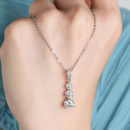925 Silver D1.85CT Moissanite Necklace Certified Gradual Three Stone Pendant Collar Wedding Anniversary Jewelry Gift for Women