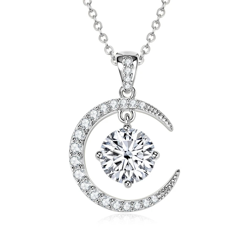 Anziw 8mm 2.0CT D Moissanite Sun Crescent Pendant Necklaces For Women 925 Silver Adjustable Chain Charm Certified Jewelry Gifts