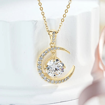Anziw 8mm 2.0CT D Moissanite Sun Crescent Pendant Necklaces For Women 925 Silver Adjustable Chain Charm Certified Jewelry Gifts