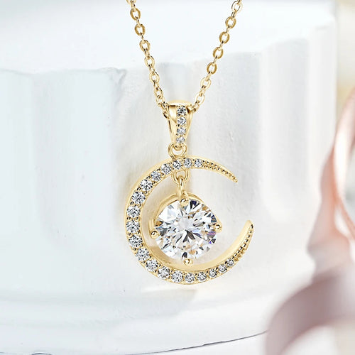 Anziw 8mm 2.0CT D Moissanite Sun Crescent Pendant Necklaces For Women 925 Silver Adjustable Chain Charm Certified Jewelry Gifts