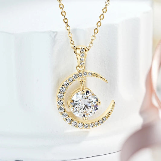 Anziw 8mm 2.0CT D Moissanite Sun Crescent Pendant Necklaces For Women 925 Silver Adjustable Chain Charm Certified Jewelry Gifts