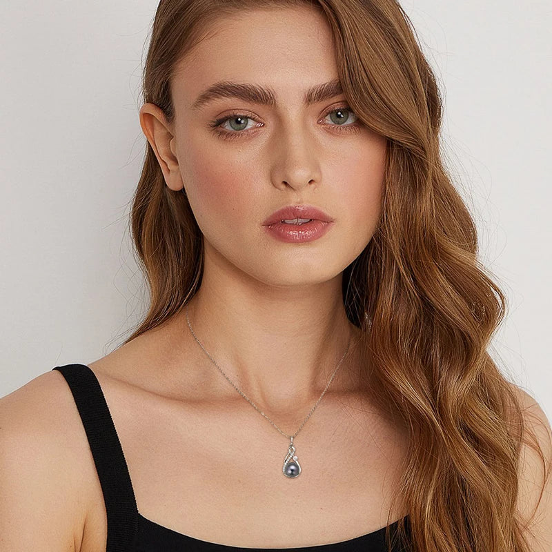 Anziw 10mm Freshwater/Tahitian Black Pearl Moissanite Infinity Pendant Necklace Silver 925 Wedding Jewelry for Women Gift 45+5cm