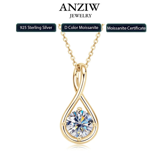 18K Gold Plated Solitaire Round 8mm 2ct Moissanite Infinity Pendant Necklace 925 Sterling Silver Women Teardrop D Color Diamond