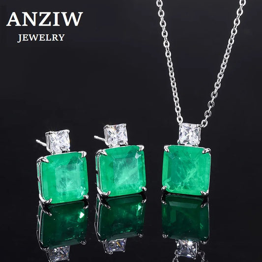Vintage Simulated Emerald Square Stud Earrings 10*10mm Gemstone Pendant Necklace Silver 925 Plated Copper Women's  Jewelry Gift