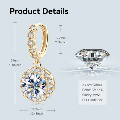 Anziw Real Sparkling 3.0 Ct D Moissanite Drop Hoop Earrings 100% 925 Silver Gold Plated 2.0ct Hanging Earring For Women Jewelry