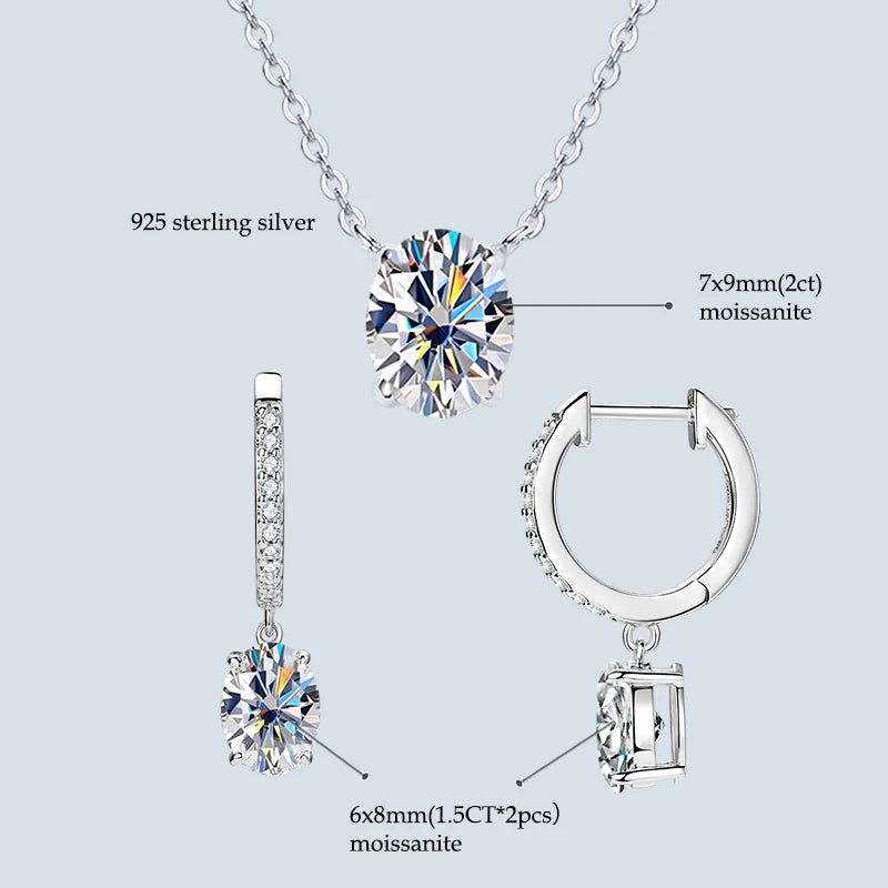 4.0cttw Oval Cut D Moissanite Jewelry Set Real 925 Silver Pendant Necklace and Luxury Hoop Earrings Sets for Women Trendy Gift