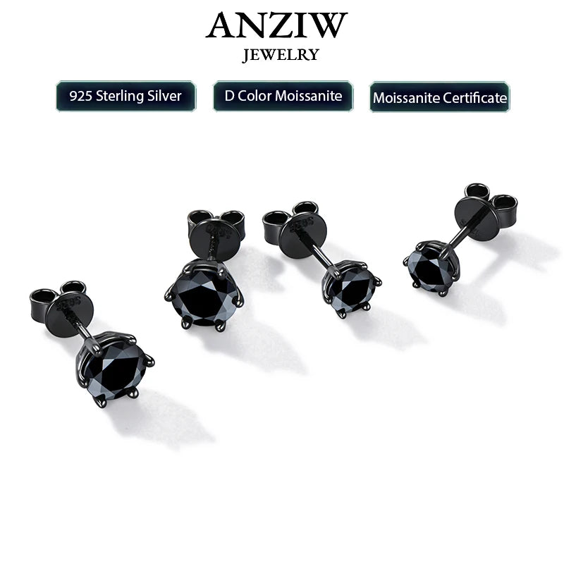Anziw 6.5MM 2CTW. Black Moissanite Stud Earrings For Women and Men 925 Silver Black Earrings 0.5ct 1ct Round Cut Lab Diamond 5mm