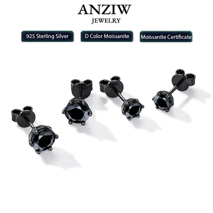 Anziw 6.5MM 2CTW. Black Moissanite Stud Earrings For Women and Men 925 Silver Black Earrings 0.5ct 1ct Round Cut Lab Diamond 5mm