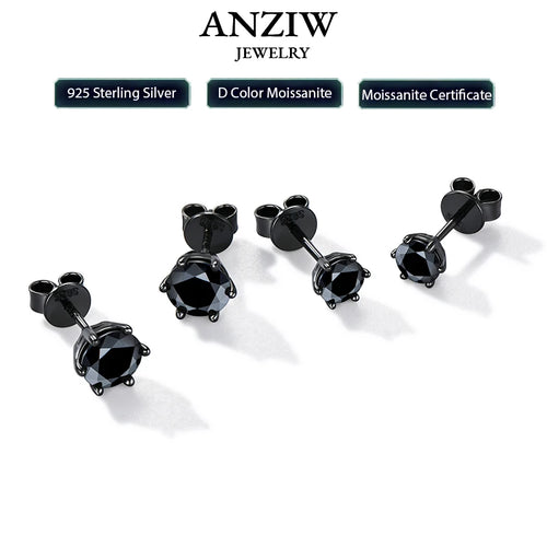 Anziw 6.5MM 2CTW. Black Moissanite Stud Earrings For Women and Men 925 Silver Black Earrings 0.5ct 1ct Round Cut Lab Diamond 5mm