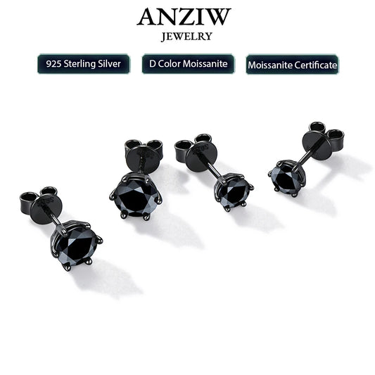 Anziw 6.5MM 2CTW. Black Moissanite Stud Earrings For Women and Men 925 Silver Black Earrings 0.5ct 1ct Round Cut Lab Diamond 5mm