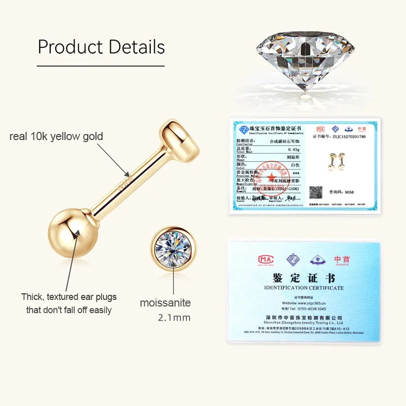 Anziw 10K Yellow Gold Moissanite Sparking Stud Earrings for Couple Men Women Real Gold Wedding Jewelry D Color VVS1 Lab Diamond