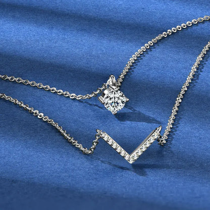 Anziw V Letter 5mm Moissanite Pendant Double Layer Necklace for Women 925 Sterling Silver Chain Clavicle 2025 New Jewelry Gifts