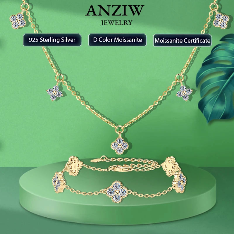 Anziw 3mm D Moissanite Jewelry Set Clover Flower Pendant Necklace Earrings Bracelet 3 in 1 Sets for Women 925 Silver Charm Gifts