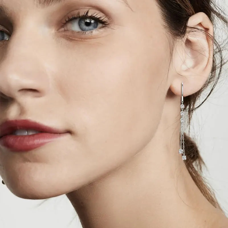 Anziw 6cm Long Tassel 3mm D Moissanite Drop Earrings for Women 925 Sterling Silver Hoop Clip Earrings Wedding Fine Jewelry Gifts