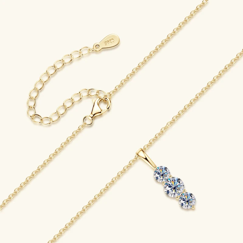 Anziw 1.1ctw. D Moissanite Pendant Necklace for Women 925 Silver Three-Stone Vertical Bar Pendants Adjustable Chain Jewelry Gift